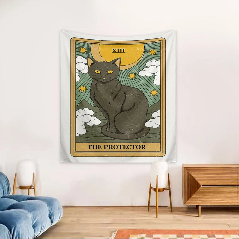 1pc Tarot Cat Tapestry, Moon Phase Sun Universe Starry Sky Tapestry, Cute Cat Wall Hanging