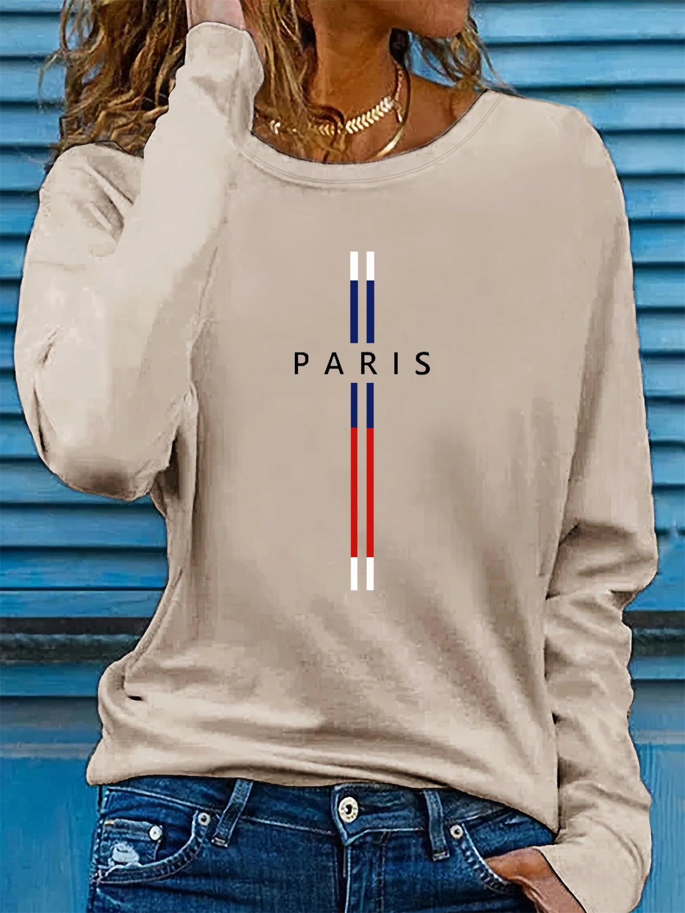 100% pure cotton women's spring and autumn comfortable casual long sleeved Paris graphic printed round neck T-shirt