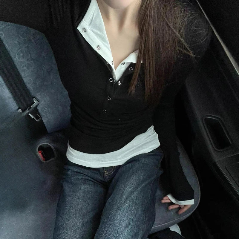 Women's Spring Autumn Long Sleeve T-Shirt Wear Base Shirt Spicy Girl Retro Fake Two-piece V-neck Long-sleeved T-shirt