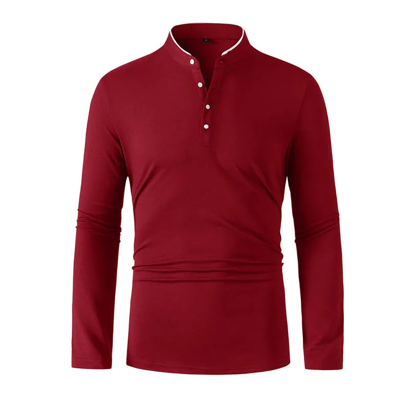 2025 New Men's Casual and Fashionable Solid Color Long Sleeved Stand Up Collar T-shirt Summer Versatile and Comfortable Top
