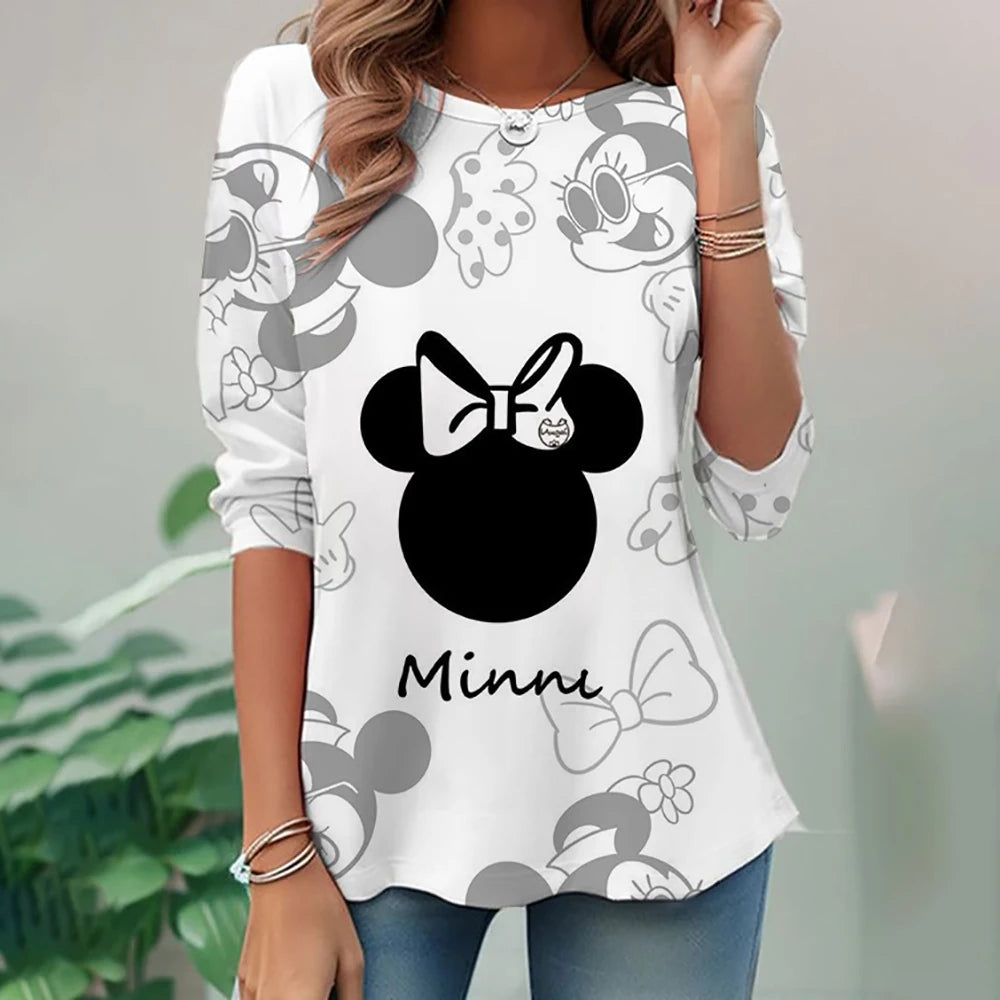 Women's Spring and Autumn New S-3XL Large T-shirt Solid Color Long Sleeve Loose Disney's Mickey Mouse Casual Harajuku Waist T-sh