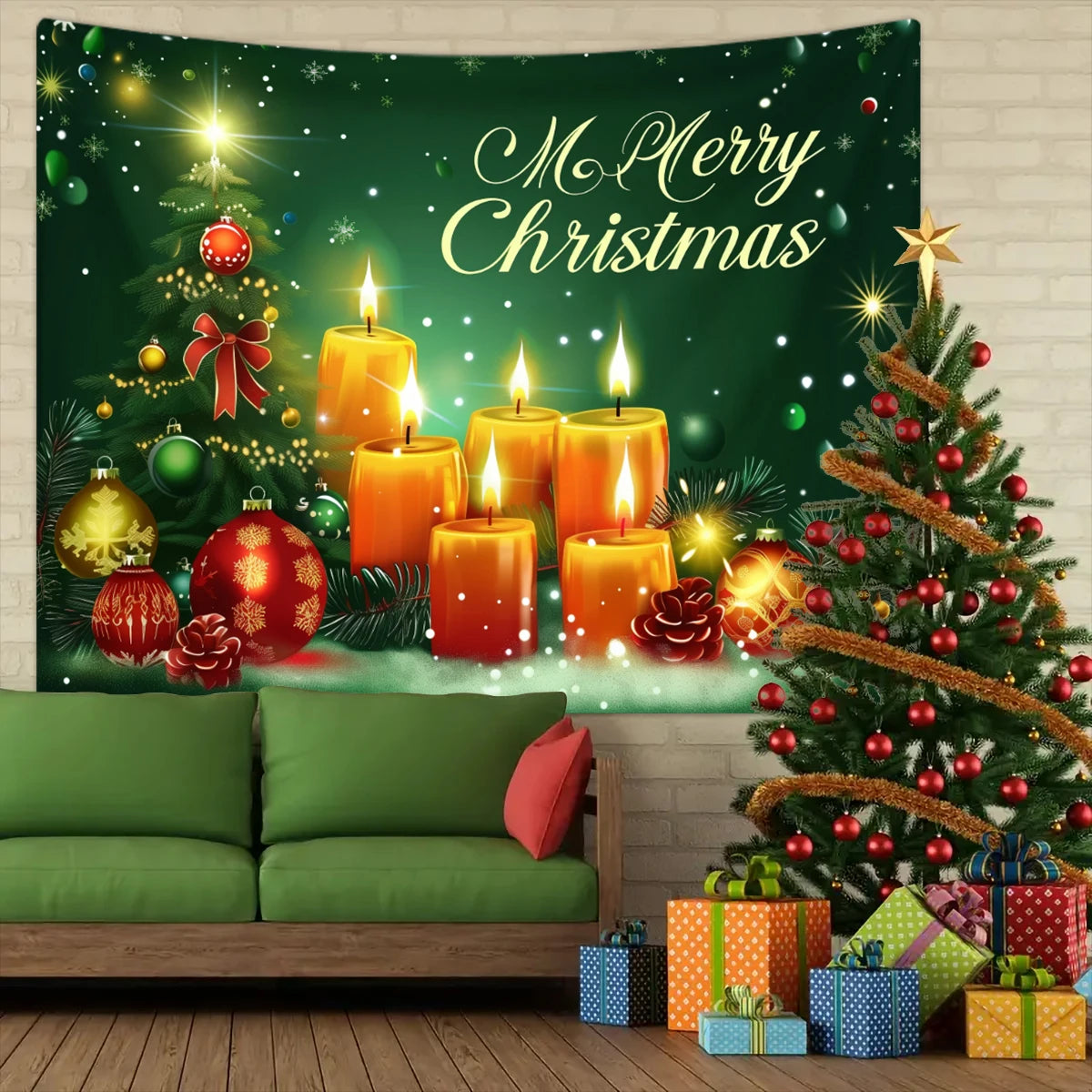 1pc Christmas tapestry, snow background banner outside the Christmas tree window, Christmas fireplace tapestry