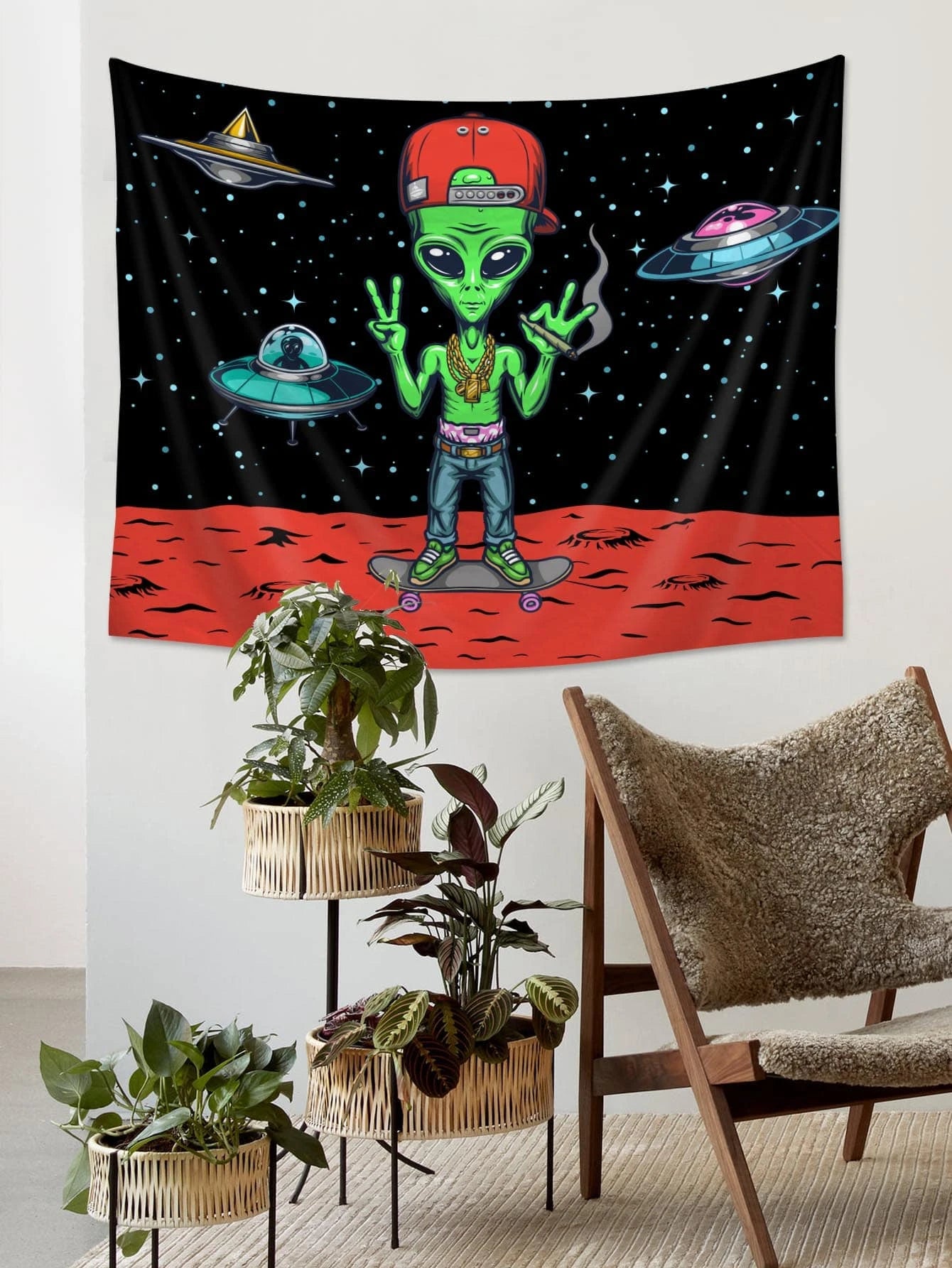 1pc Alien Pattern Tapestry, Cartoon Planet & Spaceship Print Hanging Blanket For Home Decoration, Flag For Room, Room Decor