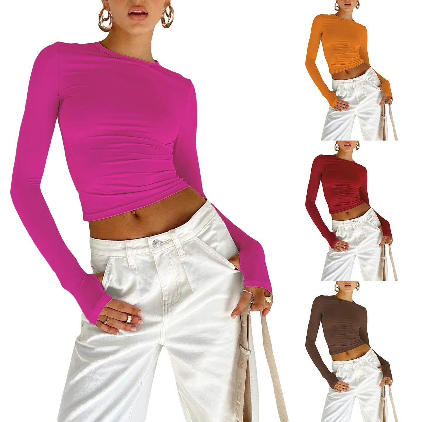 Women T-shirt, Long Sleeve Crew Neck Solid Slim Fit Ladies Crop Top with Thumb Holes for Daily Street