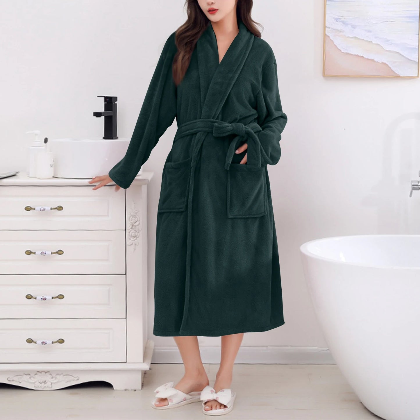 Women's Coral Fleece Robe Autumn Winter New Style Medium Length Home Indoor Wear Warmth Comfortable Sleepwear Nightgown