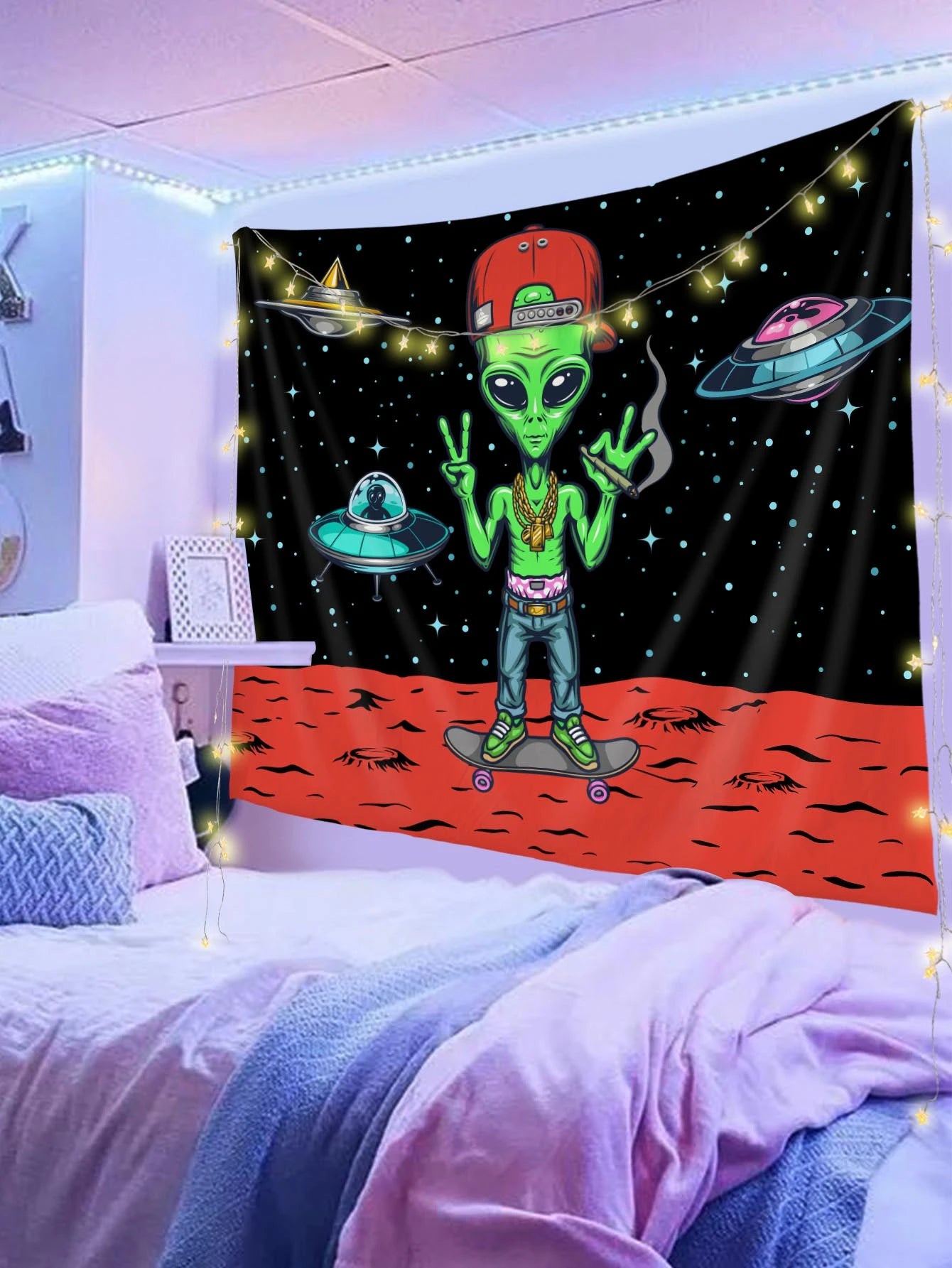 1pc Alien Pattern Tapestry, Cartoon Planet & Spaceship Print Hanging Blanket For Home Decoration, Flag For Room, Room Decor