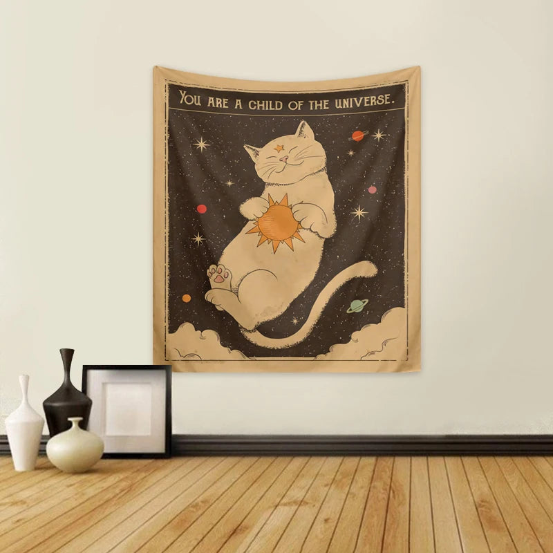1pc Tarot Cat Tapestry, Moon Phase Sun Universe Starry Sky Tapestry, Cute Cat Wall Hanging