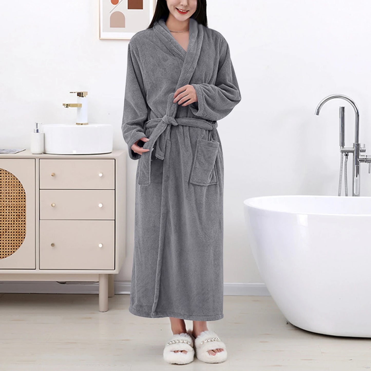 Women's Coral Fleece Robe Autumn Winter New Style Medium Length Home Indoor Wear Warmth Comfortable Sleepwear Nightgown