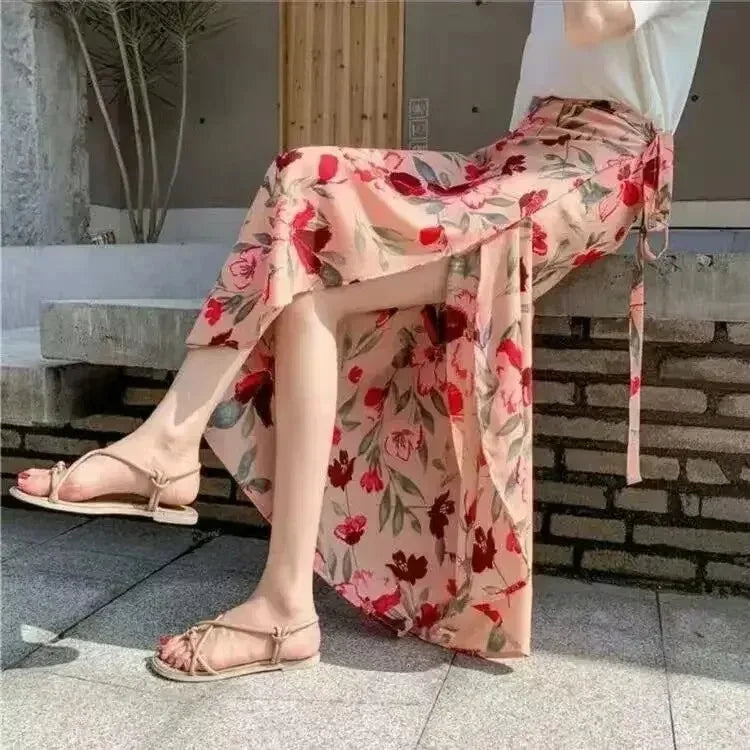 2026 Summer Beach Floral Skirt for Women Cotton High Waist Wrap Maxi Skirt Long with Side Slit & Tie Detail Boho Style Design