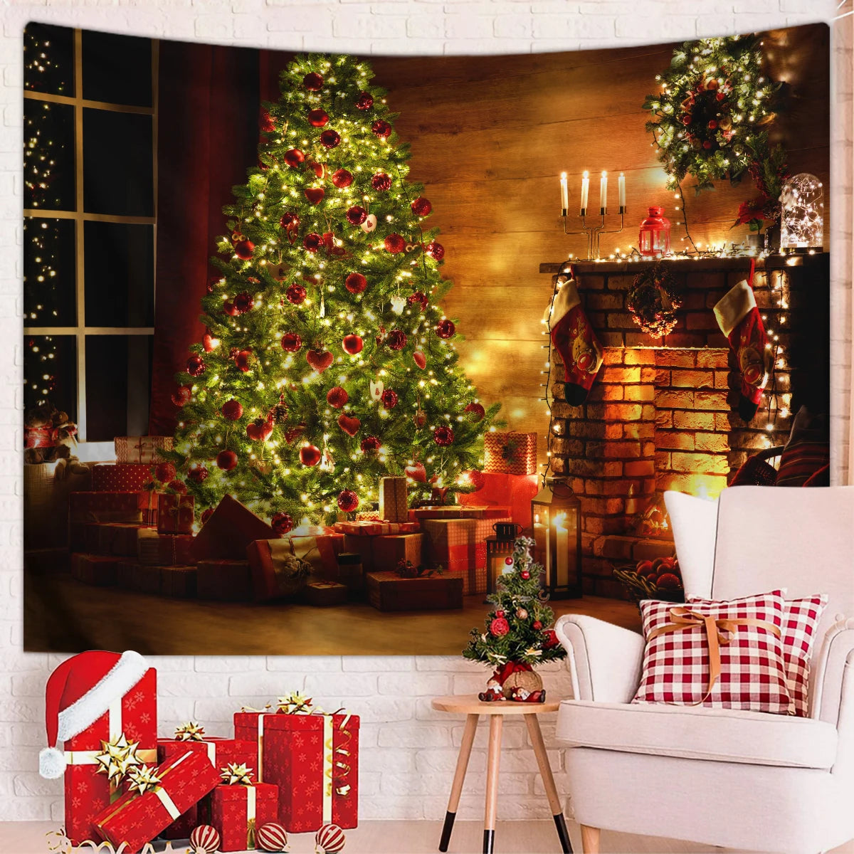 1pc Christmas decoration tapestry, Christmas fireplace Christmas tree tapestry, Christmas shooting background cloth tapestry