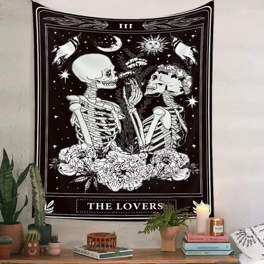 1pc The Lovers Tarot Skeleton Tapestry Floral Moon Sun Pattern Flat Print Hanging Cloth Gothic Romantic Home Decor Bedroom