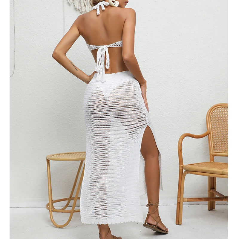 Women's Sexy Binding Rope Deep V Beach Cover-Up Knitting Halter Tunic Long Dress See-Through Summer Holiday Casual Beachwear