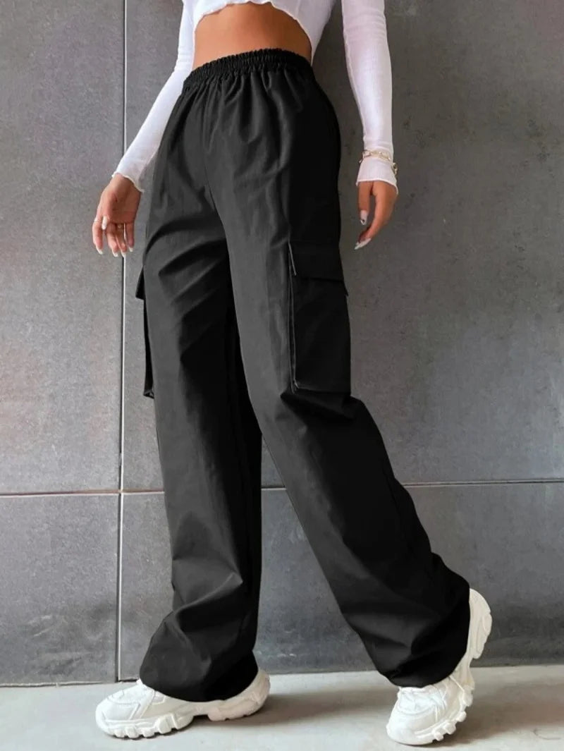 Y2K Solid Ripped Baggy Pants Fashion Women Pocket Elastic Waist Retro Straight Sweatpant Casual Streetwear Cargo New Trousers