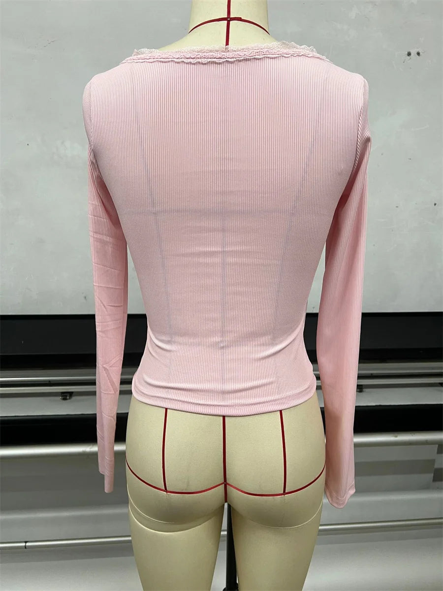 Women's 2026 New Spring Fall Lace Trim Base Blouse V-Neck Button Down Long Sleeve T-shirt Casual Knitted Slim Fit Fashion Top