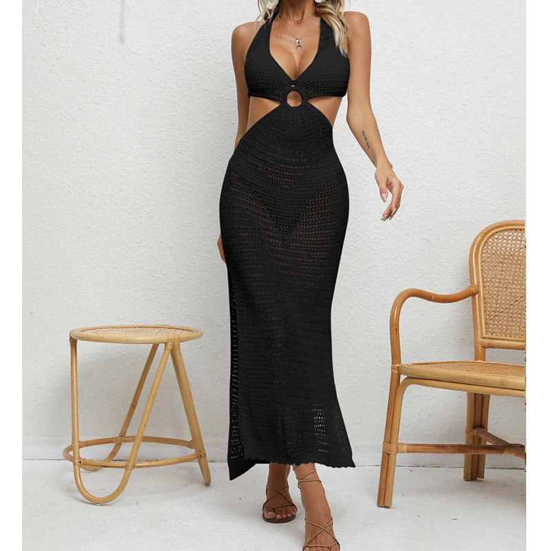 Women's Sexy Binding Rope Deep V Beach Cover-Up Knitting Halter Tunic Long Dress See-Through Summer Holiday Casual Beachwear