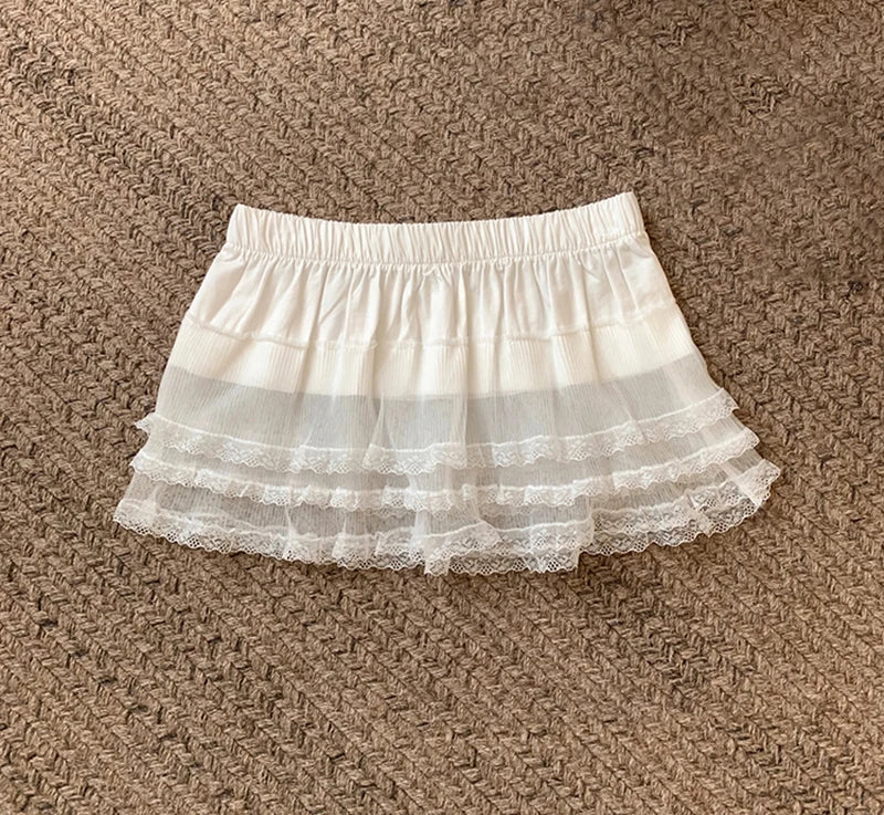 Women Y2K Korean Lace Mini Layered Skirt Streetwear Lace Up Ruffles Harajuku High Waist Pleated A-Line Short Jupe Skirts Clothes
