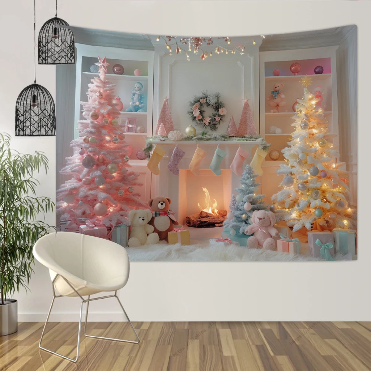 1pc Christmas tapestry, snow background banner outside the Christmas tree window, Christmas fireplace tapestry