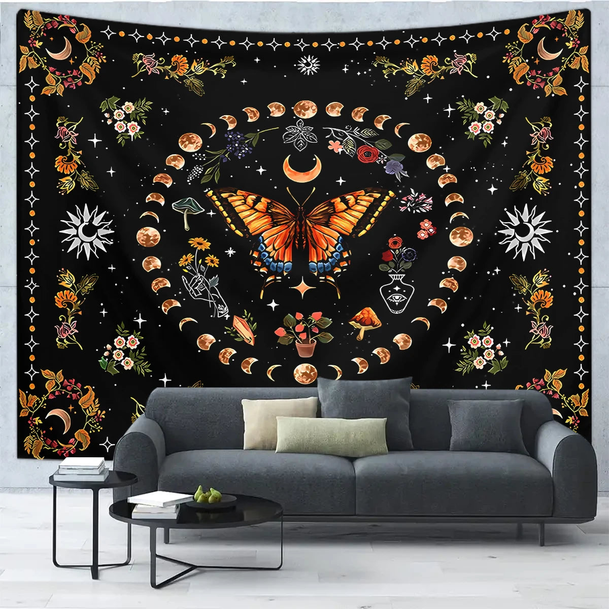 1pc Butterfly, Moon, Flower Tapestry, Plant Flower Bohemian Tapestry, Bedroom Aesthetics Retro Moonphase Starry Sky Tapestry