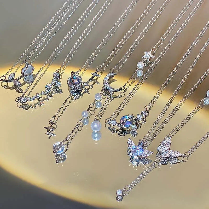 Y2K Shiny Star Necklace for Women Girls Silver Color Crystal Pendant Clavicle Chain Necklace Set Fashion New Trendy Party