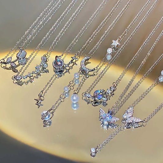 Y2K Shiny Star Necklace for Women Girls Silver Color Crystal Pendant Clavicle Chain Necklace Set Fashion New Trendy Party