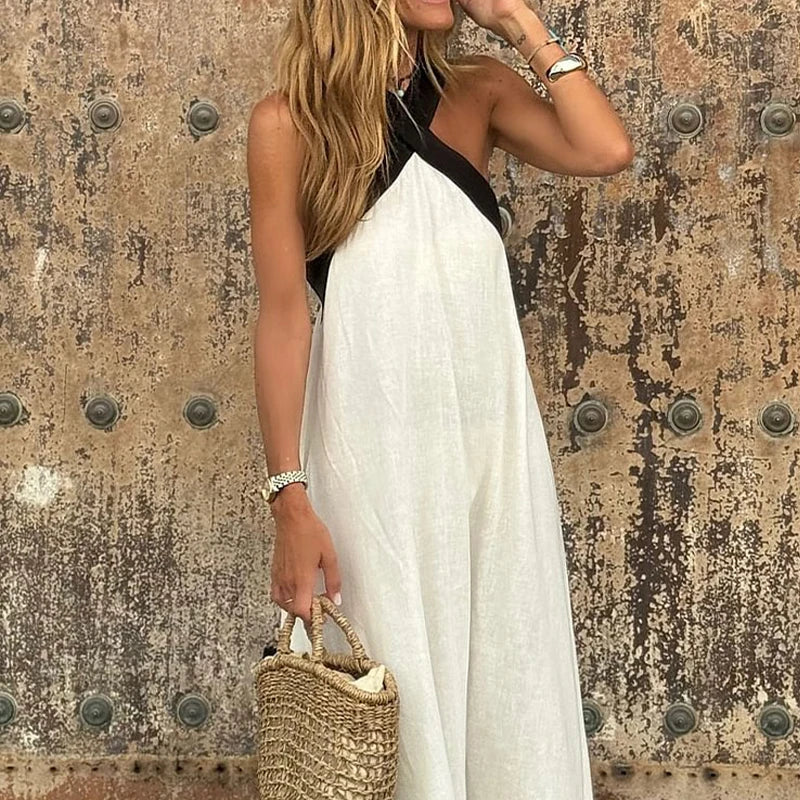 Women's Summer New Fashion Pure Color Hanging Neck Strapless Cotton Linen Dress Sleeveless Simple Design Maxi Dress