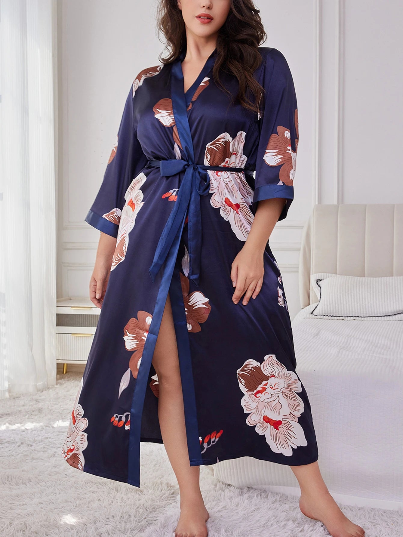 Women's Plus Size Belted Silk Robe Lightweight Random Floral Print Loose Long Sleepwear Fall Winter Loungewear for Curvy Home