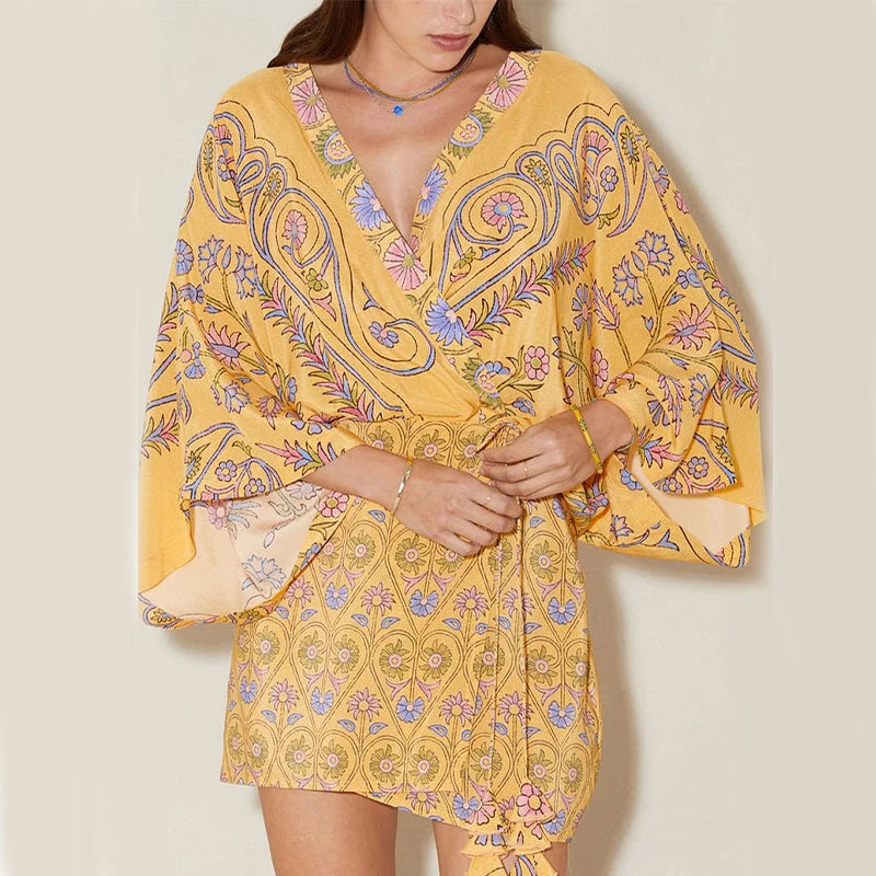 2025 New Flaxmaker Summer Women Floral Print Mini Dress Loose V-Neck Long Sleeves Casual Vacation Beach Party Short Dress