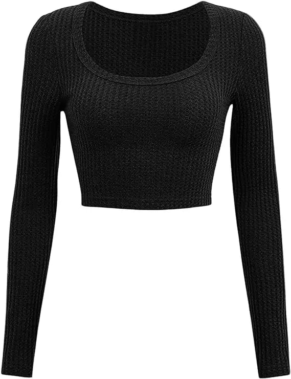 2 Pack Solid Crew Neck Crop T-Shirt Casual Long SleeveTop For Spring & Fall Women's Clothing