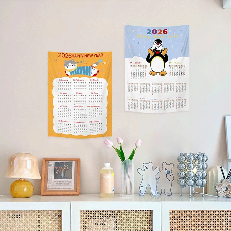 2026 New Year Tapestry 2026 Calendar Backdrop Cloth Dormitory Bedroom Decorative Background Cloth INS Wall Hanging Blanket