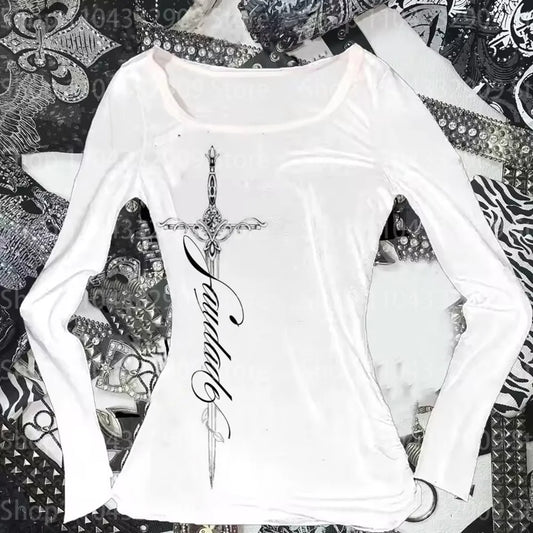 Y2K Harajuku Aesthetic Gothic Fairycore Long Sleeve Tee Character Slim Chic Print Casual Crop Top Grunge Punk Hip Hop Streetwear