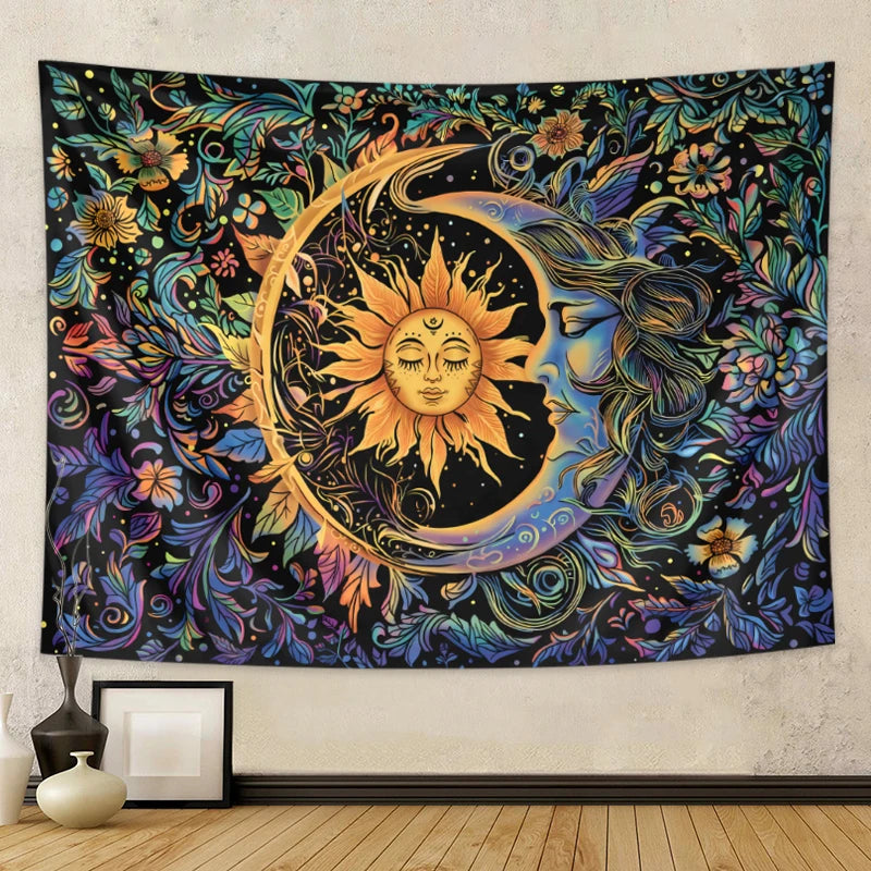 1PC Sun and Moon tapestry, mysterious floral tapestry, hippie style floral plant wall retro aesthetic tapestry