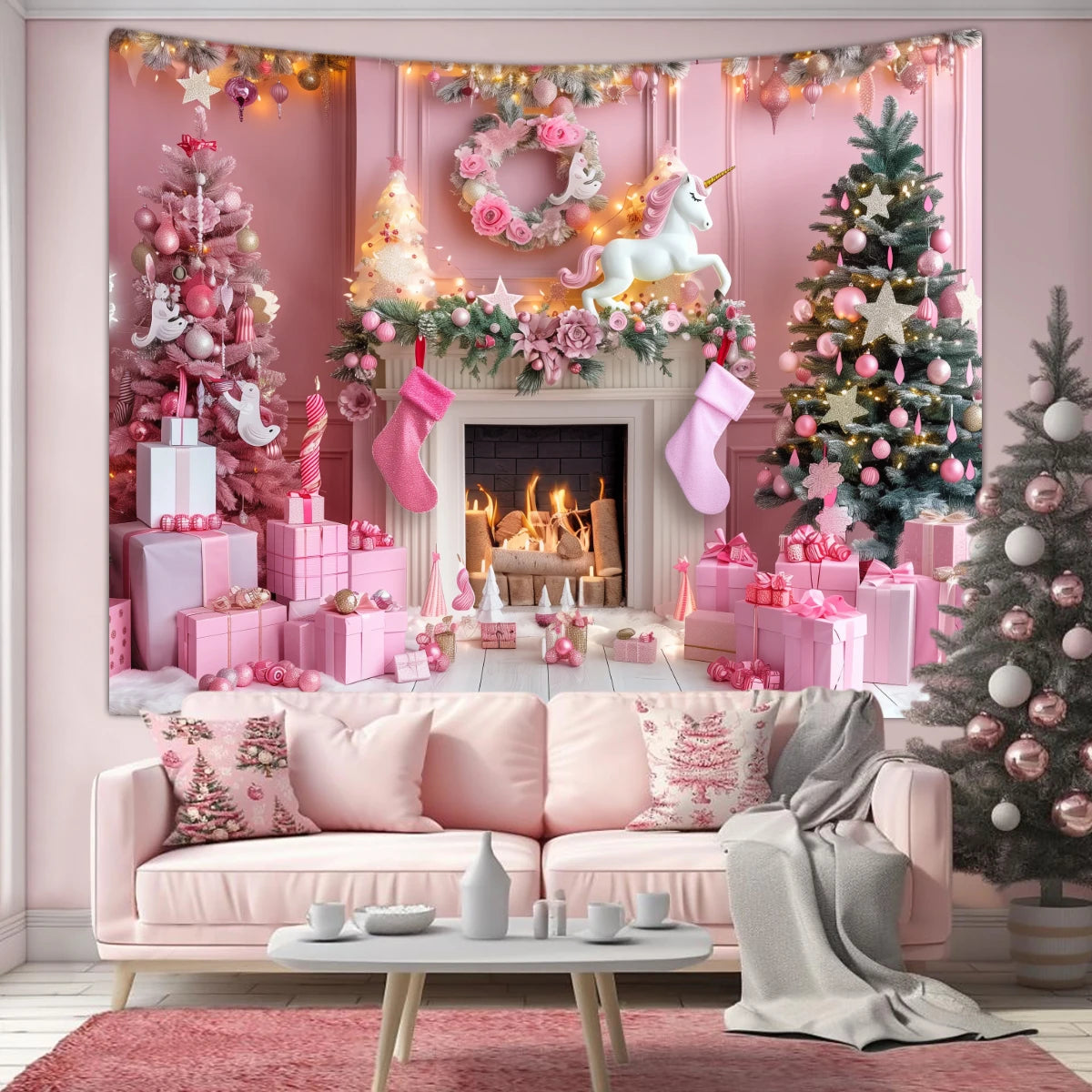 1pc Christmas tapestry, snow background banner outside the Christmas tree window, Christmas fireplace tapestry