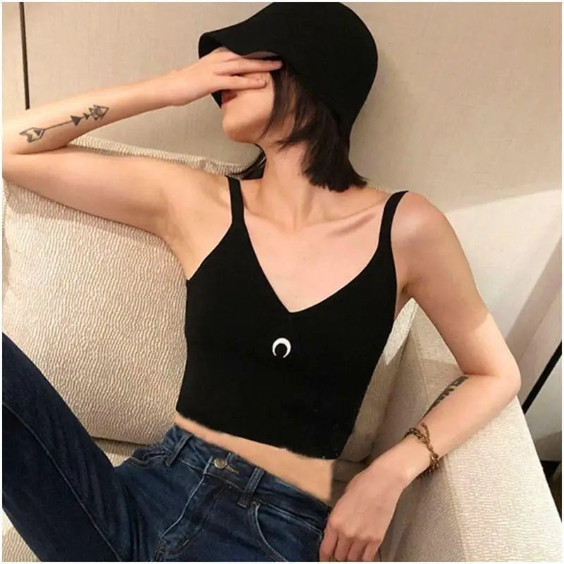 Women's Crescent Moon Sports Tank Top Summer New Design Slim Fit Cropped Backless Vest with Moon Embroidery