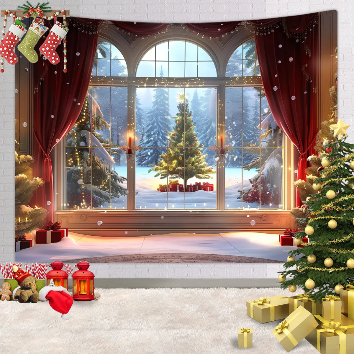 1pc Christmas tapestry, snow background banner outside the Christmas tree window, Christmas fireplace tapestry