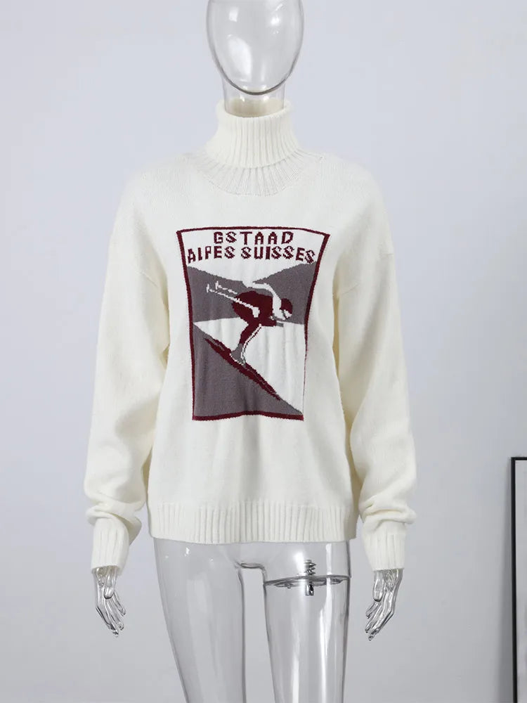 Women's 2 Pcs Suits Printed Pullover Sweater Pants Sets Street Female Turtleneck Long Sleeve Tops High Waist Trousers New Outfit