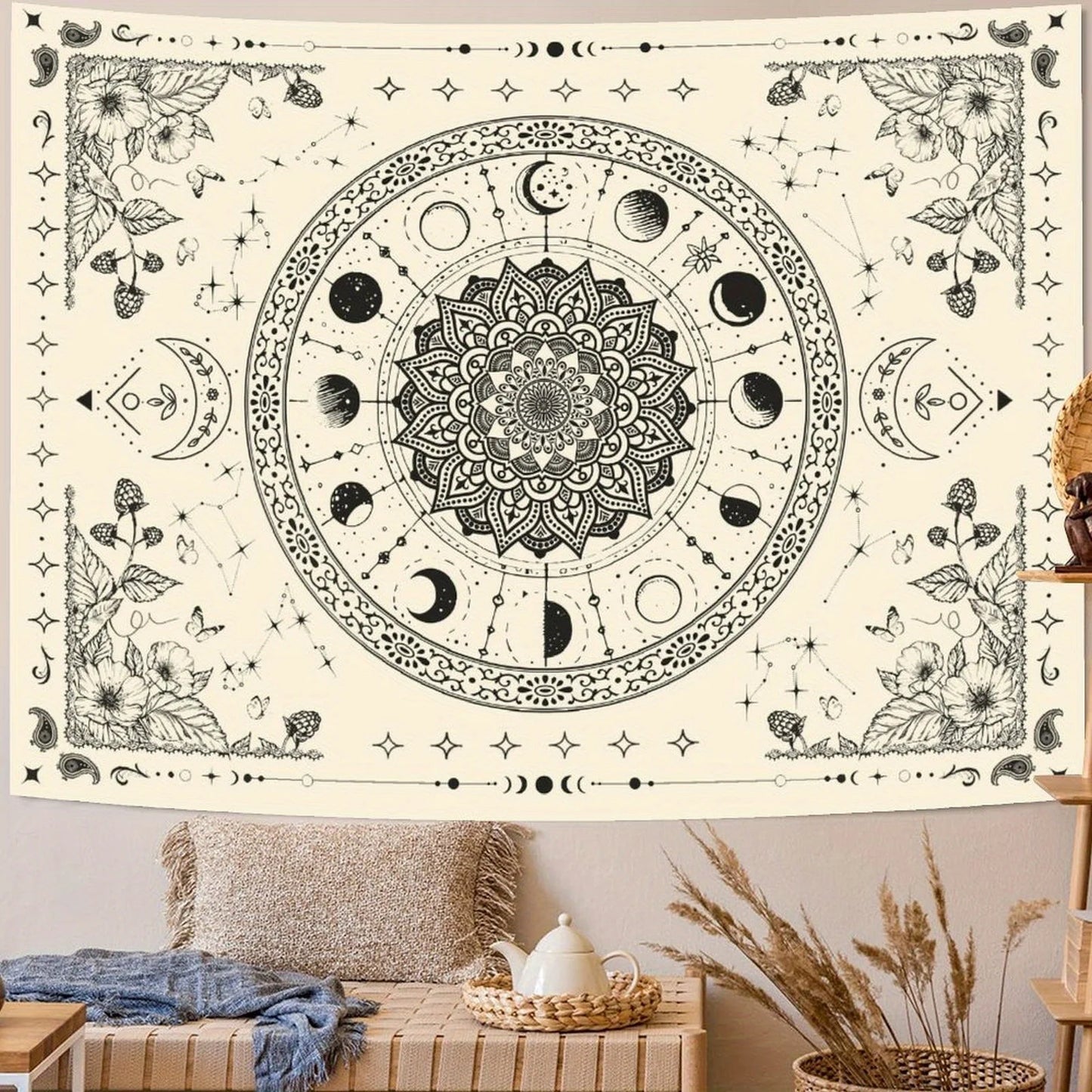 1pc Bohemian Mandala Floral Tapestry - Vintage Indian Wall Hanging with Celestial Moon and Stars Pattern for Bedroom Living Room