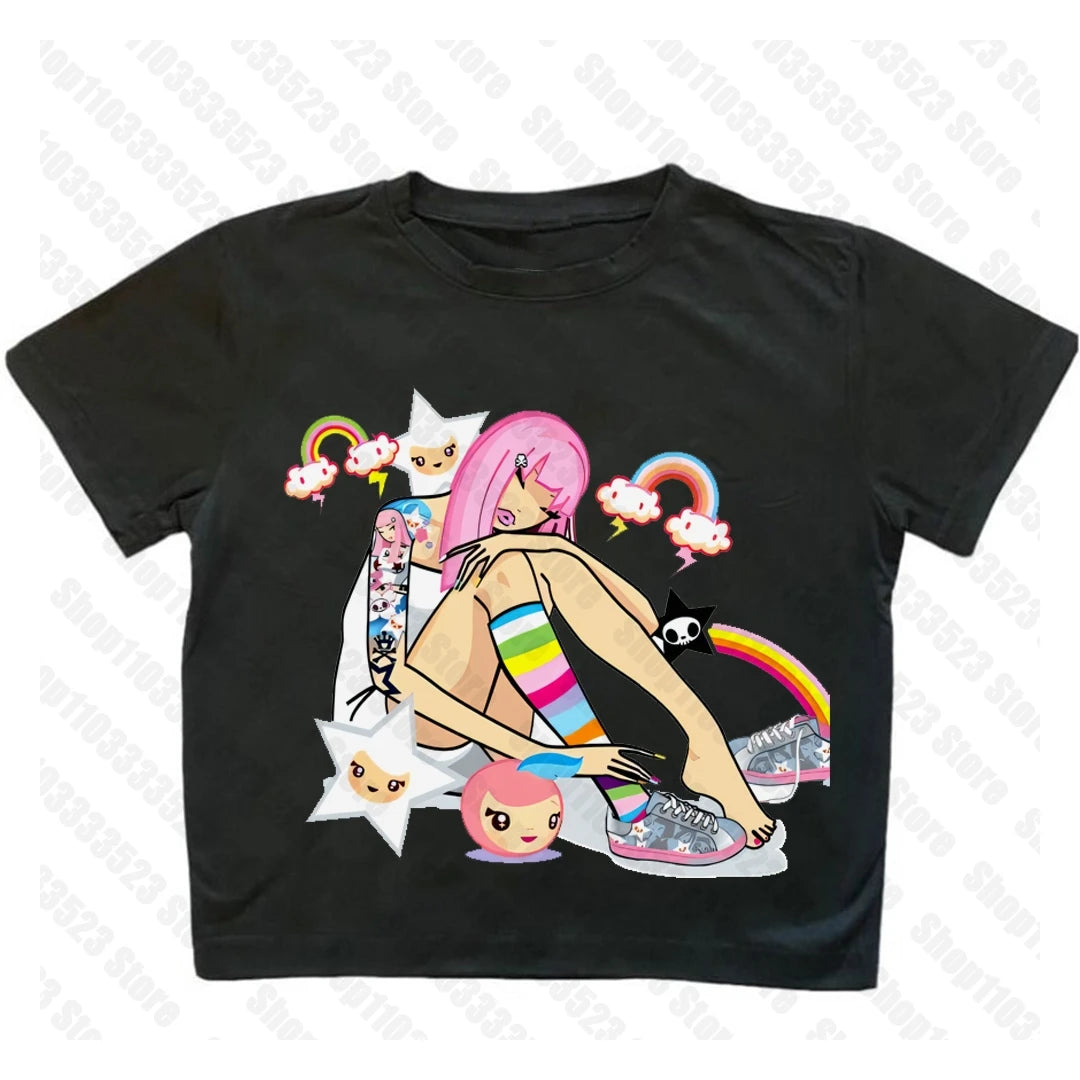 2000s E-girl Goth Women Vest Tank Top Aesthetic Streetwear Vintage Casual Short Sleeve T-Shirts Punk Y2k Style Clothes Baby Tees