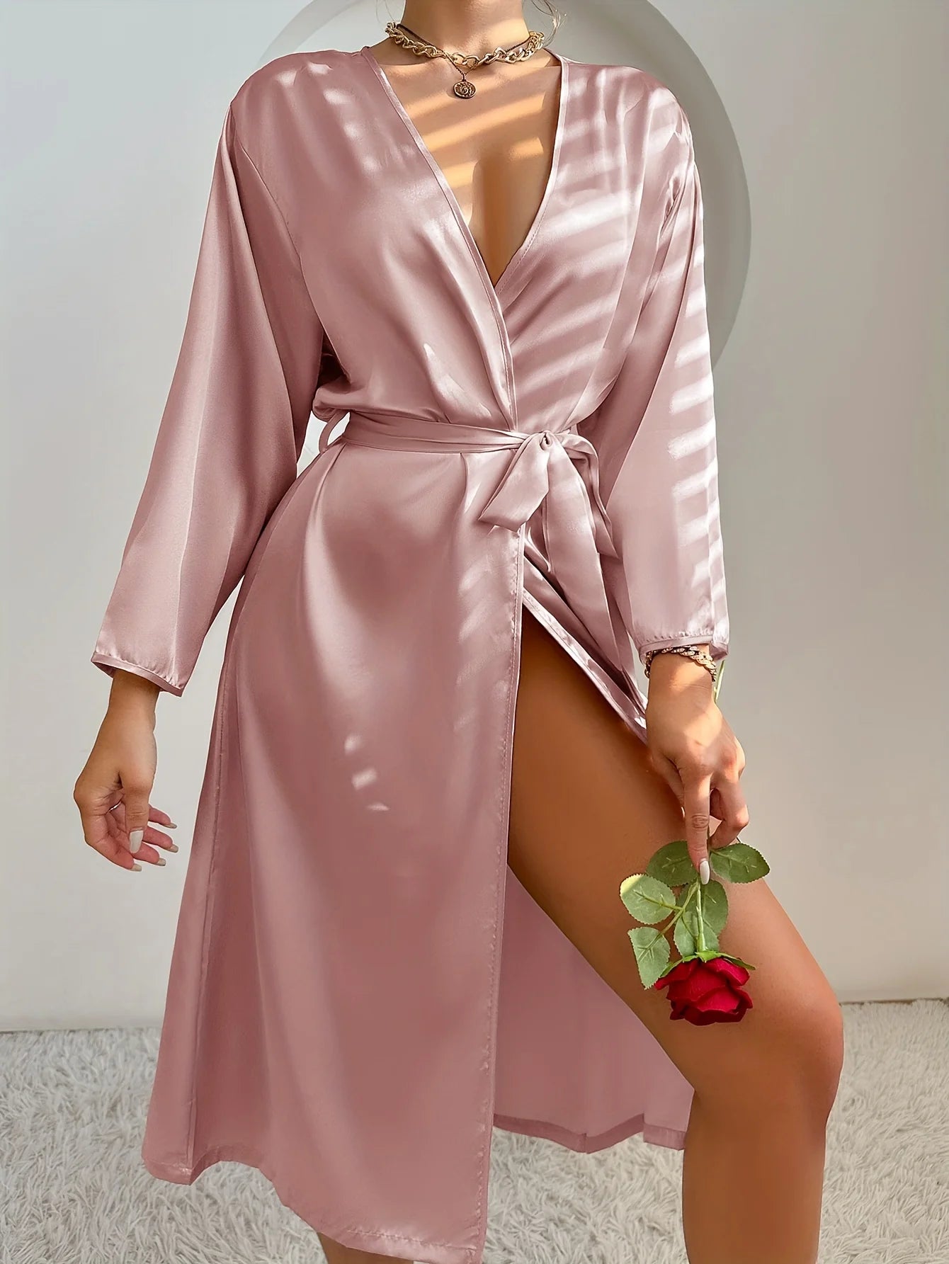 Women's Satin Robe Belted Elegant Solid Color Silky Comfort Bathrobe Loungewear