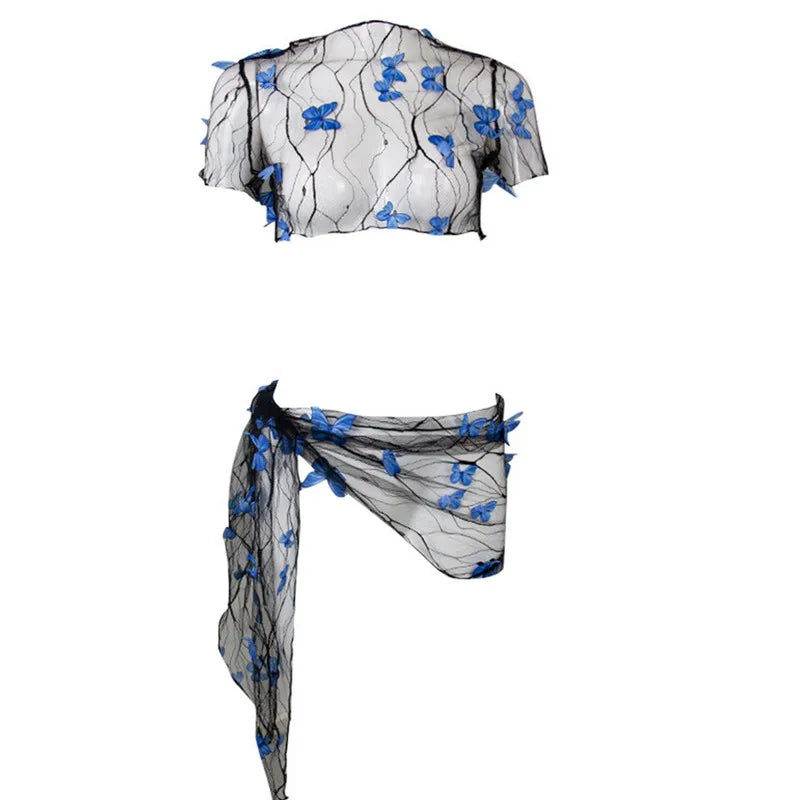 WPNAKS Women Bikini Cover-up Set Mesh Sheer Three-dimensional Butterfly Short Sleeve Crop Tops Tie-up Sarong Wrap Skirt