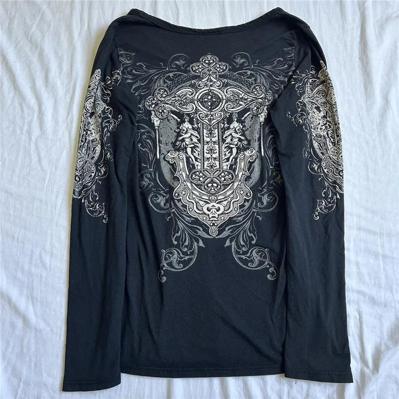 2000s Y2K Cyber Grunge Vintage T-shirt Graphic Print O Neck Long Sleeve Tee Women Slim Fit Crop Tops EGirl Skater Emo Streetwear