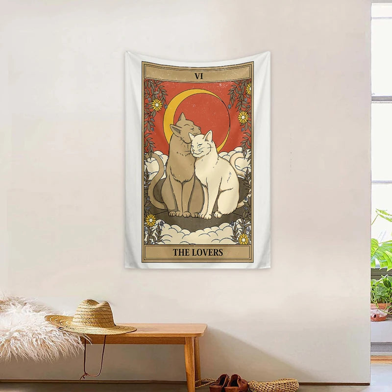 1pc Tarot Cat Tapestry, Moon Phase Sun Universe Starry Sky Tapestry, Cute Cat Wall Hanging