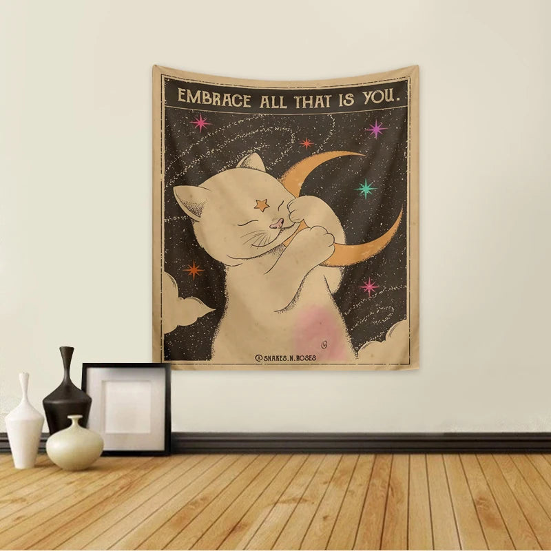 1pc Tarot Cat Tapestry, Moon Phase Sun Universe Starry Sky Tapestry, Cute Cat Wall Hanging