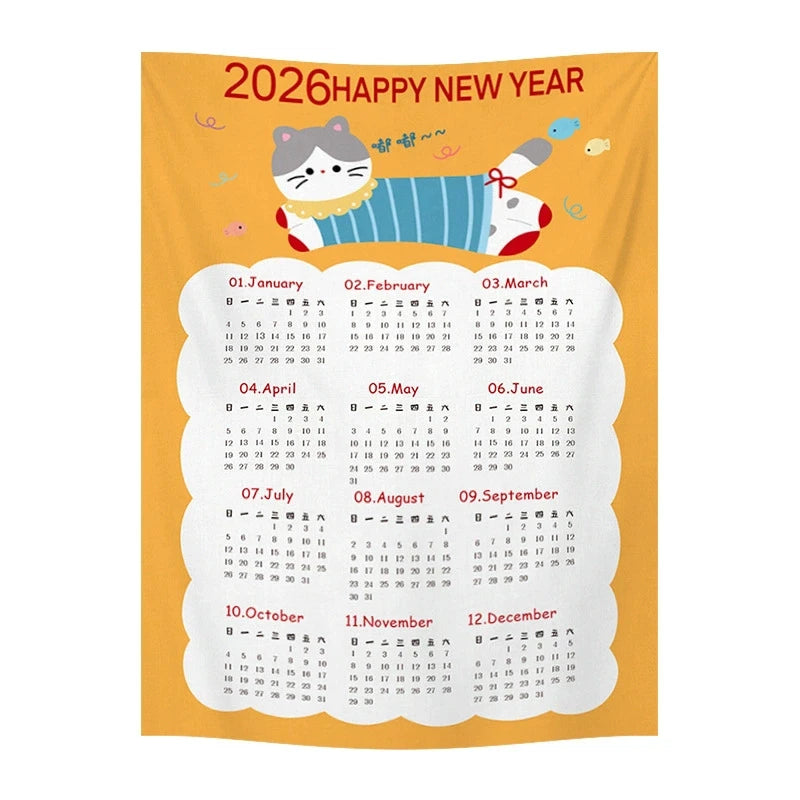 2026 New Year Tapestry 2026 Calendar Backdrop Cloth Dormitory Bedroom Decorative Background Cloth INS Wall Hanging Blanket