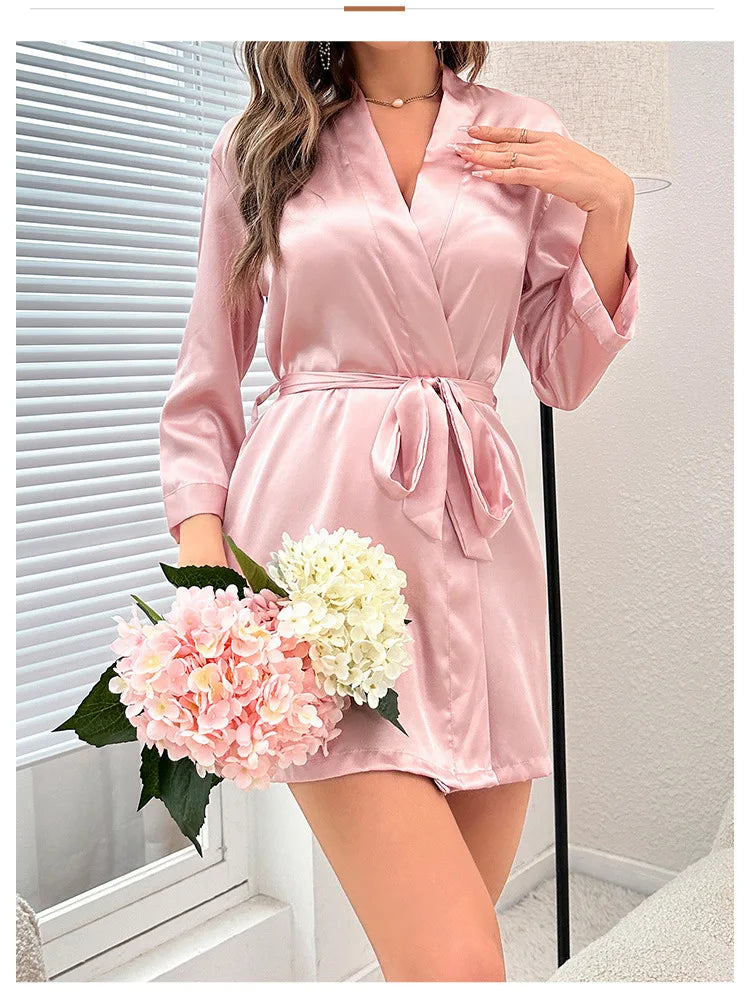 Women's Short Kimono Robe Silky Satin Bathrobe Bride Bridesmaids Getting Ready Sleepwear Soft Nightgown