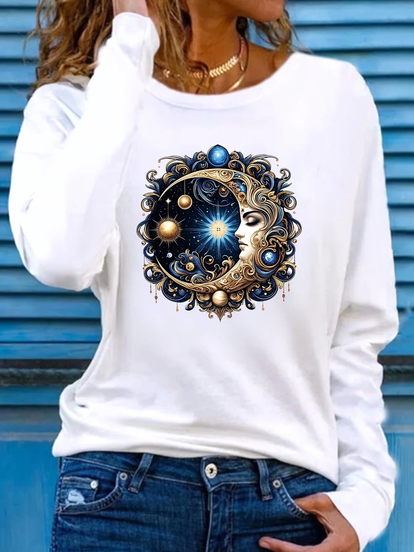 100% pure cotton women's spring and autumn comfortable casual long sleeved Paris graphic printed round neck T-shirt
