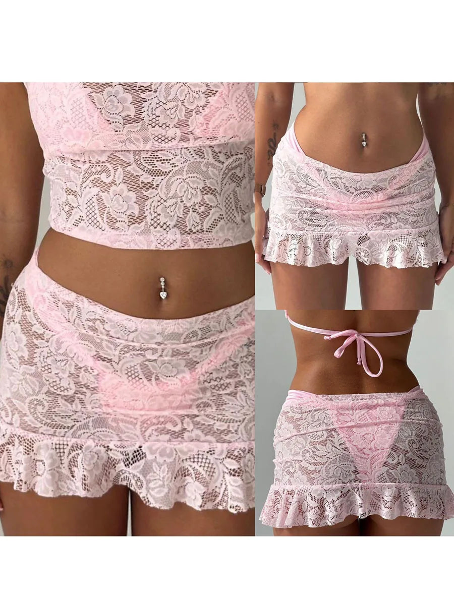Women's Bikini Cover-up Skirts Lace See Through Mini Skirts Low Waist Ruffle Casual Beach Skirts Summer