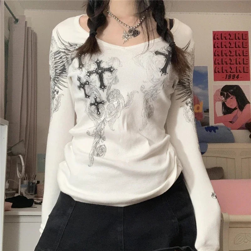 Y2k Graphic Cross Wings Print Long Sleeve Women Grunge Fairy T-shirt Harajuku Tee 2000s Aesthetic Punk Style Clothes Streetwear