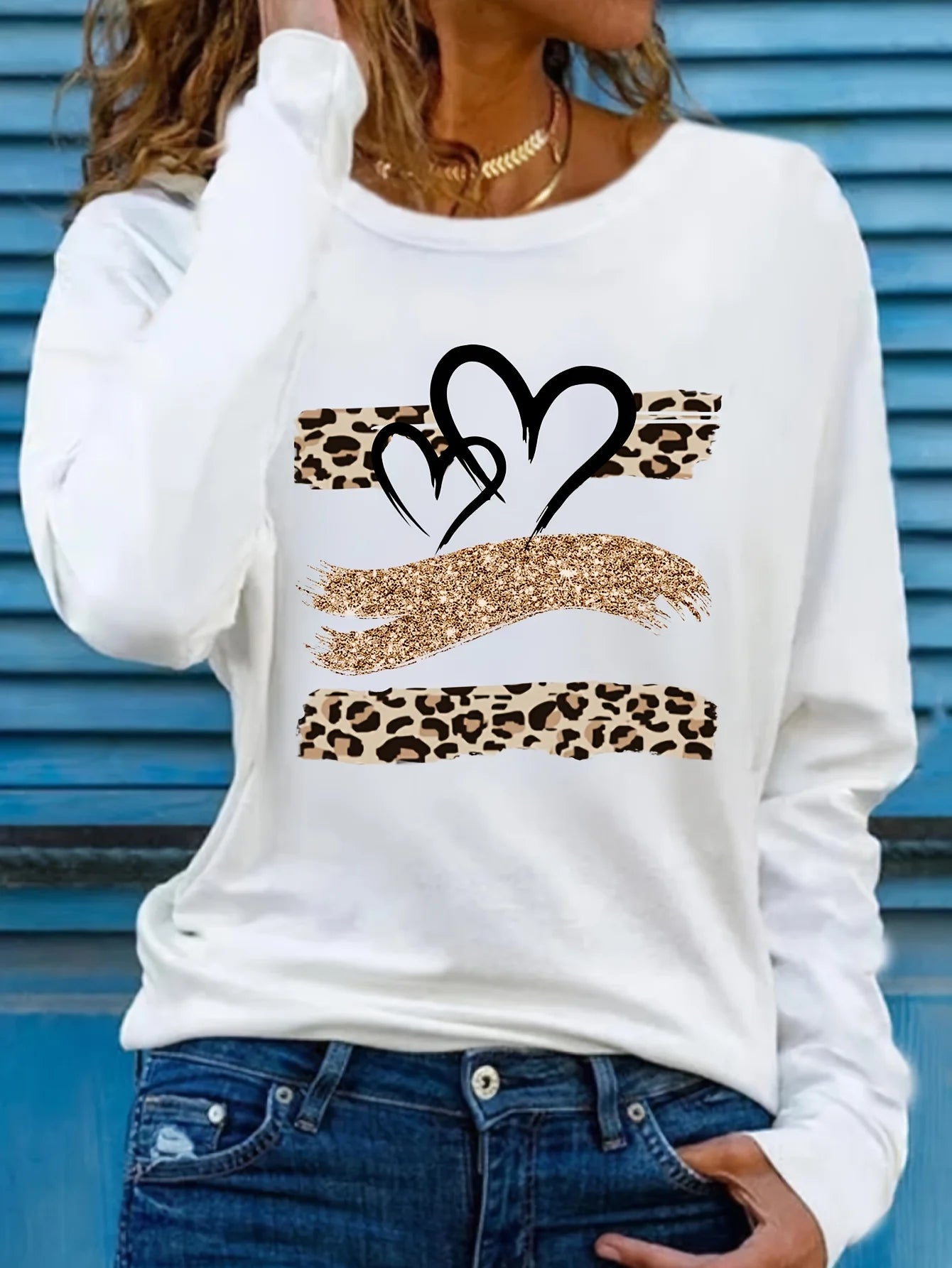 Women's Spring and Autumn 100% Cotton Fashion Casual Loose Leopard Pattern Heart Pattern Printed Round Neck Long Sleeve T-shirt