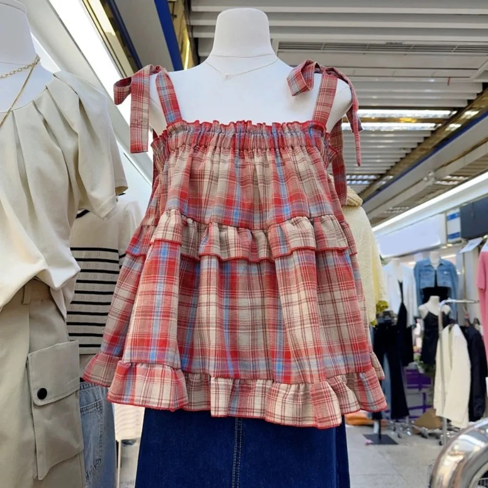 Y2K Hot Women Summer Acubi Japan Vintage Gyaru Tanks & Camis Lace Up Green Crop Top Plaid Strap Sleeveless Tank Tops Clothes