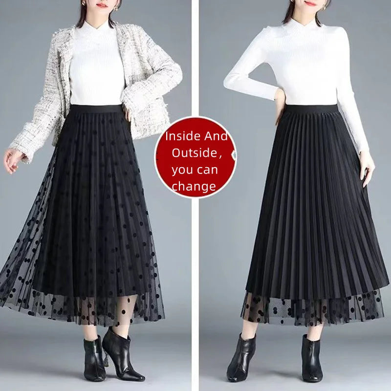 Women's Mesh Flower Skirts 2024 Autumn Winter Lace Flocking Big Swing Elastic High Waist Fashion Elegant A-line White Skirt Dot